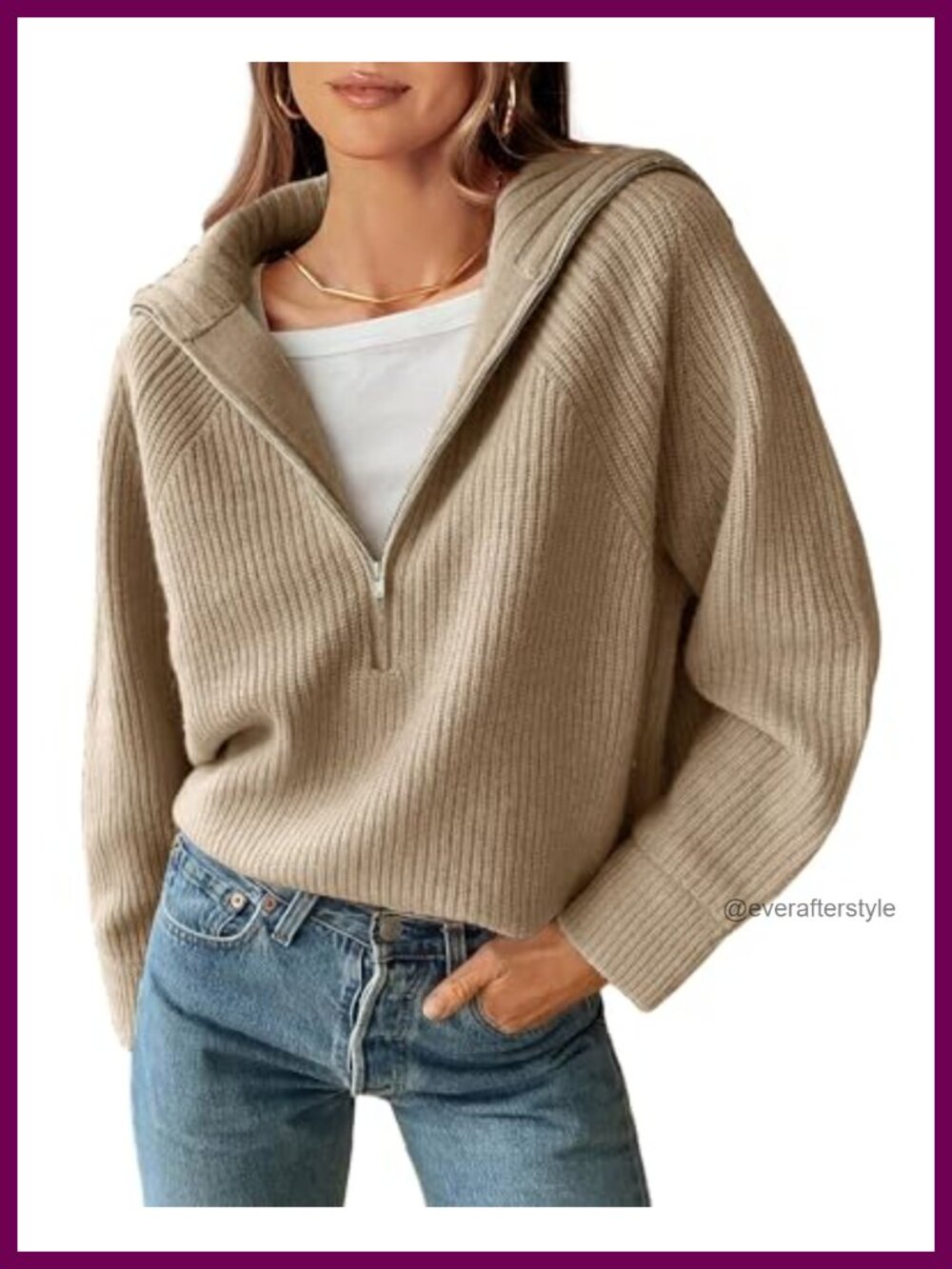 Rib Knit V Neck Quarter Zip Pullover Sweater Soft Stretchy Knit Long Sleeve
